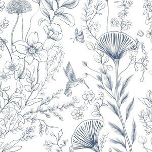 Blue Floral Peel & Stick Wallpaper – Botanical Hummingbird 17.3"x393" – New